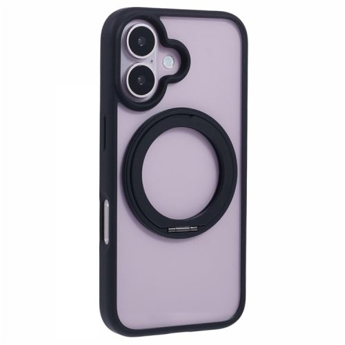 For iPhone 16 Case Built-in Kickstand PC+TPU Phone Cover Rotate Ring Holder - Black