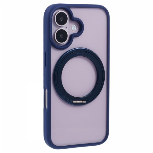 For iPhone 16 Case Built-In Kickstand PC+TPU Phone Cover Rotate Ring Holder - Blue