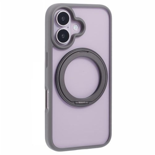 For iPhone 16 Case Built-in Kickstand PC+TPU Phone Cover Rotate Ring Holder - Grey