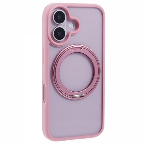 For iPhone 16 Case Built-In Kickstand PC+TPU Phone Cover Rotate Ring Holder - Pink