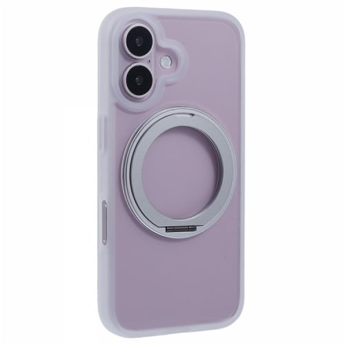 For iPhone 16 Case Built-in Kickstand PC+TPU Phone Cover Rotate Ring Holder - White