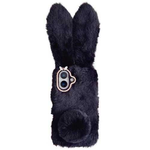 For iPhone 16 Case Bunny Ears Furry Soft Warm TPU Phone Cover - Black