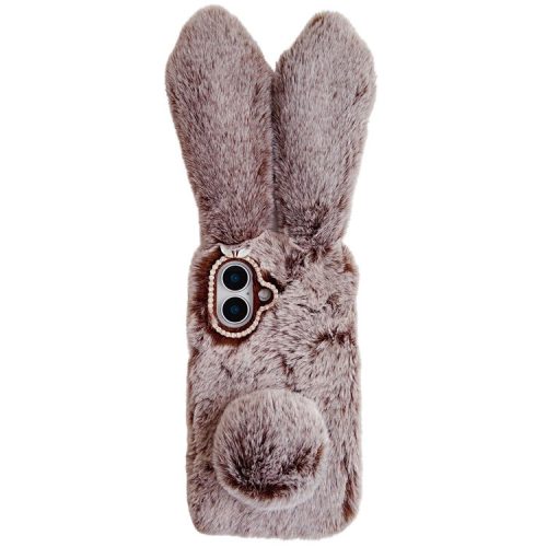 For iPhone 16 Case Bunny Ears Furry Soft Warm TPU Phone Cover - Brown