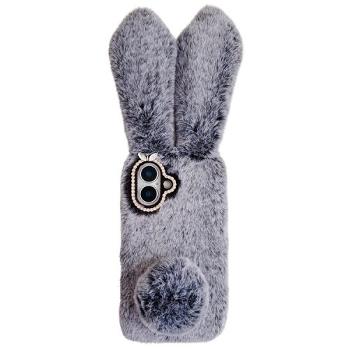 For iPhone 16 Case Bunny Ears Furry Soft Warm TPU Phone Cover - Dark Grey