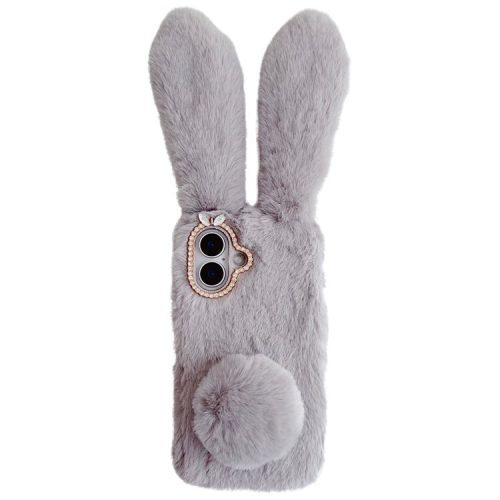 For iPhone 16 Case Bunny Ears Furry Soft Warm TPU Phone Cover - Light Grey