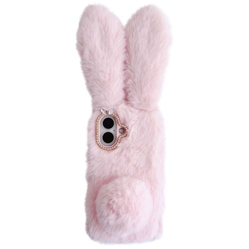 For iPhone 16 Case Bunny Ears Furry Soft Warm TPU Phone Cover - Pink