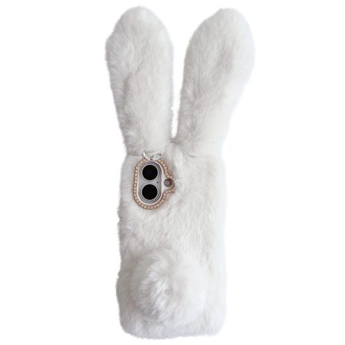 For iPhone 16 Case Bunny Ears Furry Soft Warm TPU Phone Cover - White