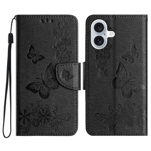 For iPhone 16 Case Butterflies Flower Leather Wallet Flip Phone Cover - Black