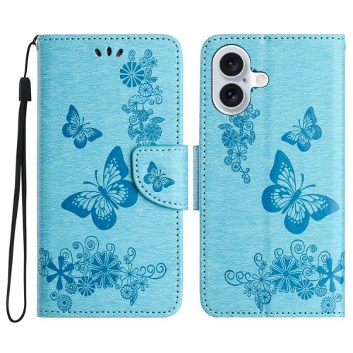 For iPhone 16 Case Butterflies Flower Leather Wallet Flip Phone Cover - Blue