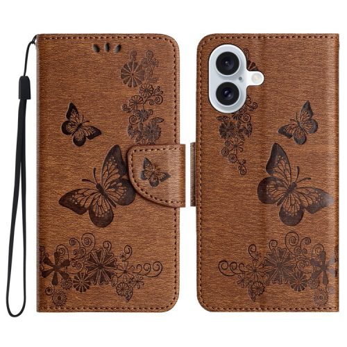 For iPhone 16 Case Butterflies Flower Leather Wallet Flip Phone Cover - Brown