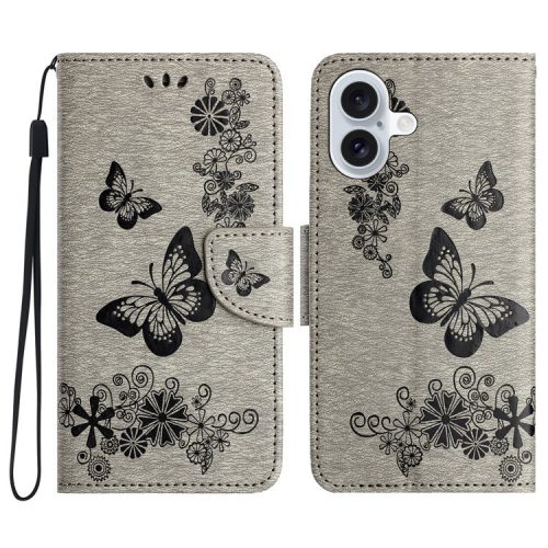 For iPhone 16 Case Butterflies Flower Leather Wallet Flip Phone Cover - Grey