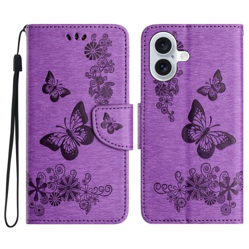 For iPhone 16 Case Butterflies Flower Leather Wallet Flip Phone Cover - Purple