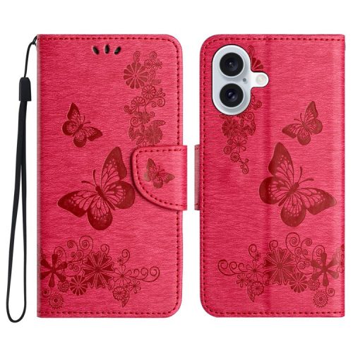 For iPhone 16 Case Butterflies Flower Leather Wallet Flip Phone Cover - Red