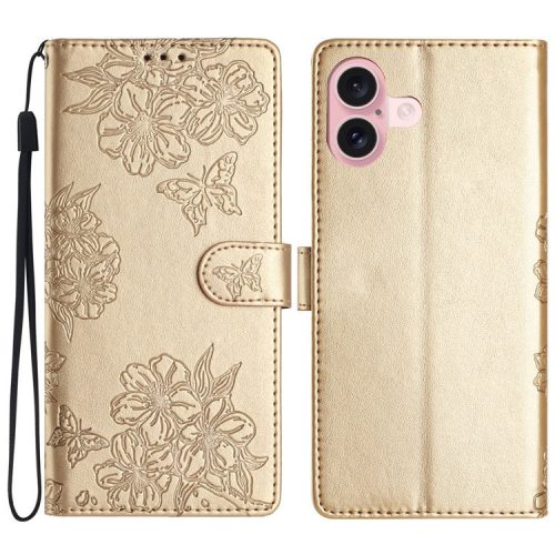 For iPhone 16 Case Butterfly Flower Imprinted PU Leather Phone Cover Purse Wrist Strap - Gold