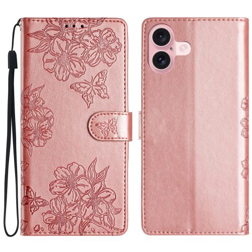 For iPhone 16 Case Butterfly Flower Imprinted PU Leather Phone Cover Purse Wrist Strap - Rose Gold