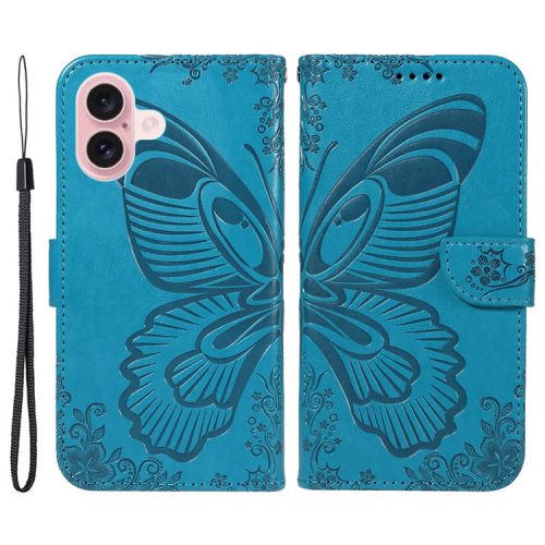 For iPhone 16 Case Butterfly Imprint Leather Folio Flip Cover - Blue