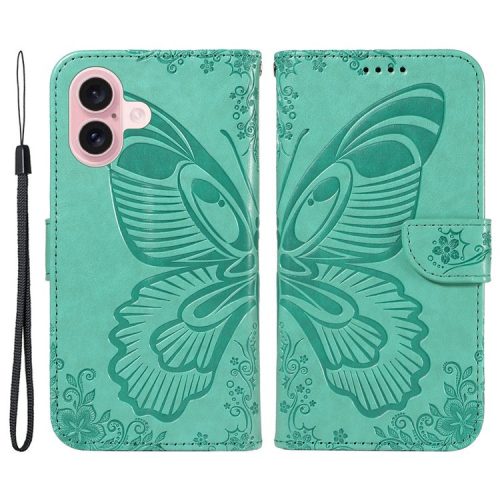 For iPhone 16 Case Butterfly Imprint Leather Folio Flip Cover - Green