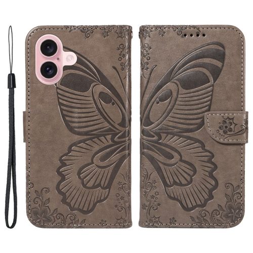 For iPhone 16 Case Butterfly Imprint Leather Folio Flip Cover - Grey