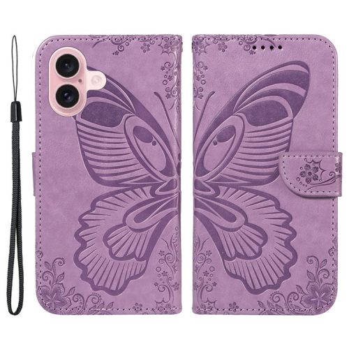 For iPhone 16 Case Butterfly Imprint Leather Folio Flip Cover - Light Purple