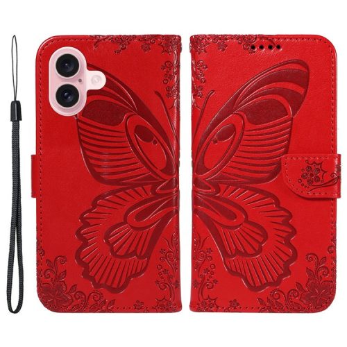 For iPhone 16 Case Butterfly Imprint Leather Folio Flip Cover - Red