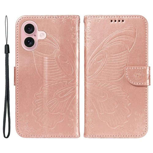 For iPhone 16 Case Butterfly Imprint Leather Folio Flip Cover - Rose Gold