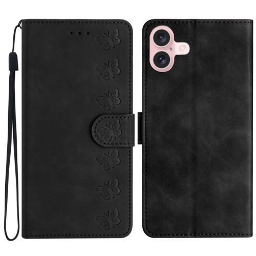 For iPhone 16 Case Butterfly Imprinted PU Leather Flip Protective Cover - Black