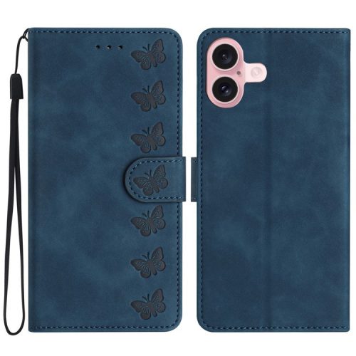 For iPhone 16 Case Butterfly Imprinted PU Leather Flip Protective Cover - Blue