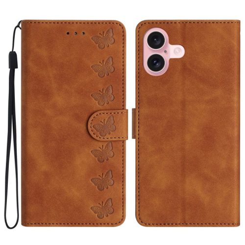 For iPhone 16 Case Butterfly Imprinted PU Leather Flip Protective Cover - Brown