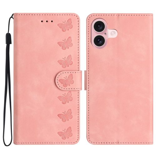 For iPhone 16 Case Butterfly Imprinted PU Leather Flip Protective Cover - Pink