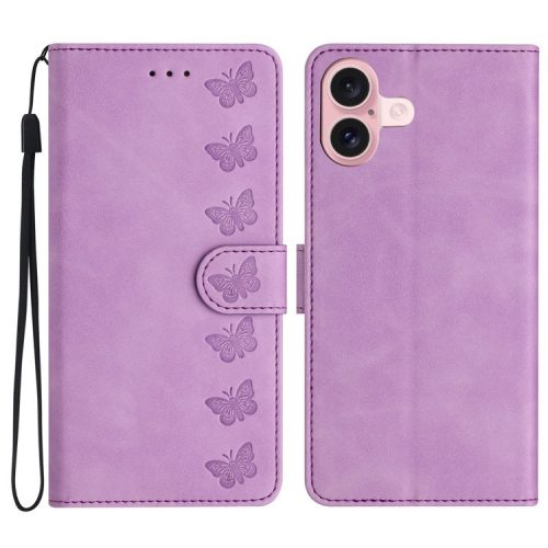 For iPhone 16 Case Butterfly Imprinted PU Leather Flip Protective Cover - Purple