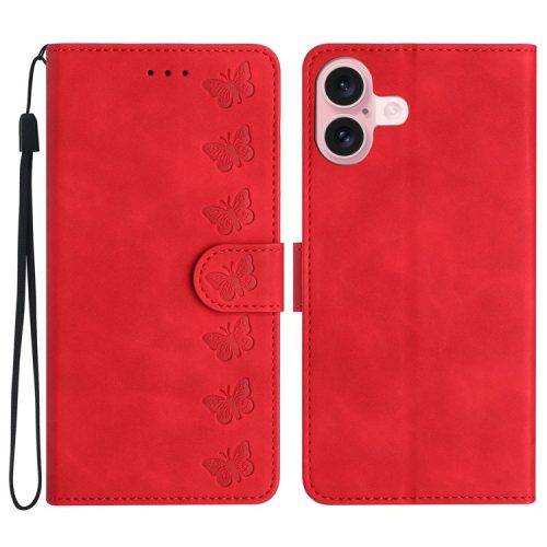 For iPhone 16 Case Butterfly Imprinted PU Leather Flip Protective Cover - Red