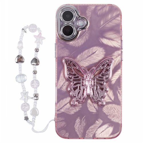 For iPhone 16 Case Butterfly Kickstand PC+TPU IMD Phone Cover with Lens Film / Beaded Strap - Feather Pattern / Pink