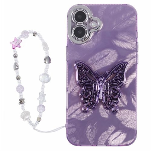 For iPhone 16 Case Butterfly Kickstand PC+TPU IMD Phone Cover with Lens Film / Beaded Strap - Feather Pattern / Purple