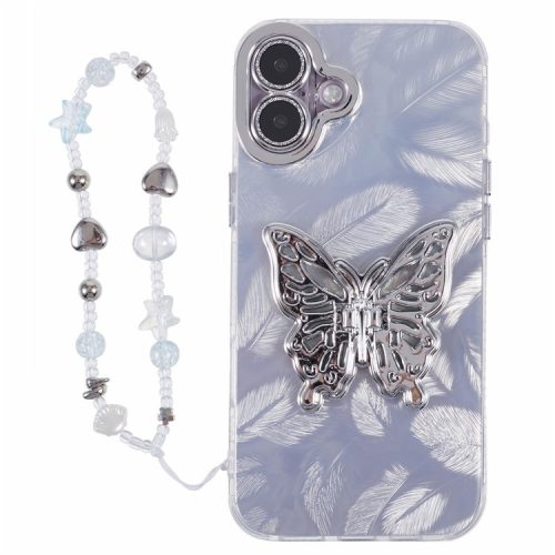 For iPhone 16 Case Butterfly Kickstand PC+TPU IMD Phone Cover with Lens Film / Beaded Strap - Feather Pattern / Silver