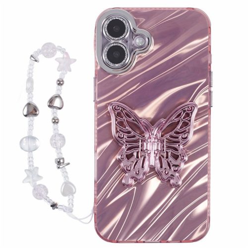 For iPhone 16 Case Butterfly Kickstand PC+TPU IMD Phone Cover with Lens Film / Beaded Strap - Ripple Pattern / Pink