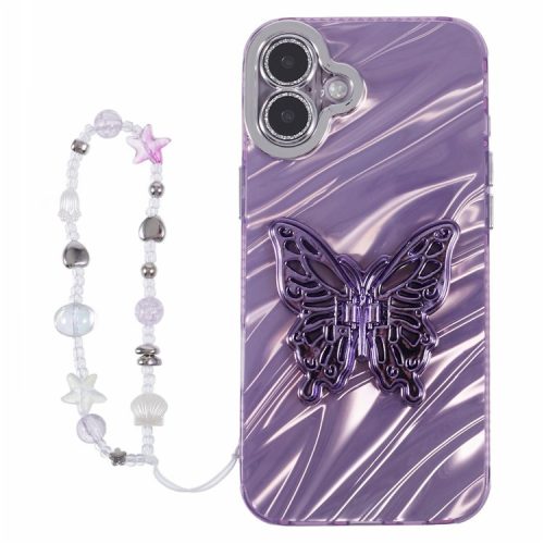 For iPhone 16 Case Butterfly Kickstand PC+TPU IMD Phone Cover with Lens Film / Beaded Strap - Ripple Pattern / Purple