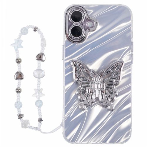 For iPhone 16 Case Butterfly Kickstand PC+TPU IMD Phone Cover with Lens Film / Beaded Strap - Ripple Pattern / Silver