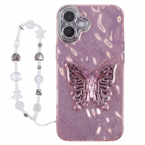 For iPhone 16 Case Butterfly Kickstand PC+TPU IMD Phone Cover with Lens Film / Beaded Strap - Wrinkle Pattern / Pink