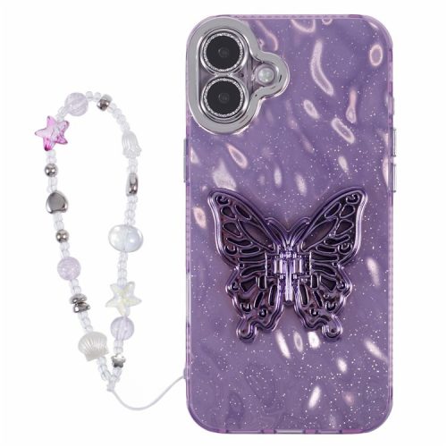 For iPhone 16 Case Butterfly Kickstand PC+TPU IMD Phone Cover with Lens Film / Beaded Strap - Wrinkle Pattern / Purple