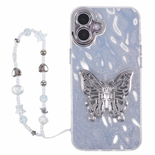 For iPhone 16 Case Butterfly Kickstand PC+TPU IMD Phone Cover with Lens Film / Beaded Strap - Wrinkle Pattern / Silver