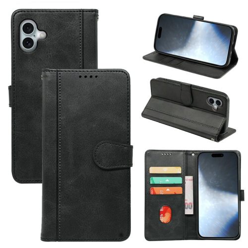 For iPhone 16 Case Calf Texture Leather Stand Book Style Phone Cover - Black