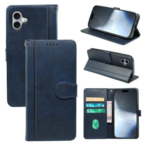 For iPhone 16 Case Calf Texture Leather Stand Book Style Phone Cover - Blue