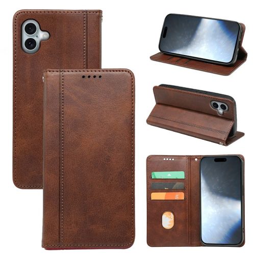 For iPhone 16 Case Calf Texture Leather Stand Book Style Phone Cover - Brown