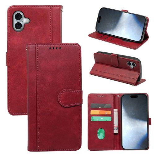 For iPhone 16 Case Calf Texture Leather Stand Book Style Phone Cover - Red