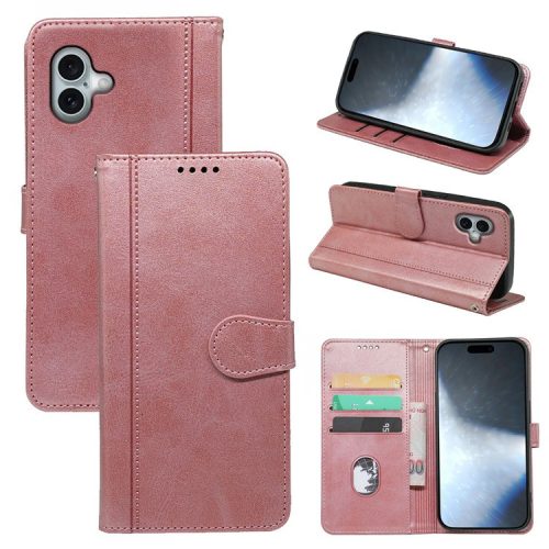 For iPhone 16 Case Calf Texture Leather Stand Book Style Phone Cover - Rose Gold