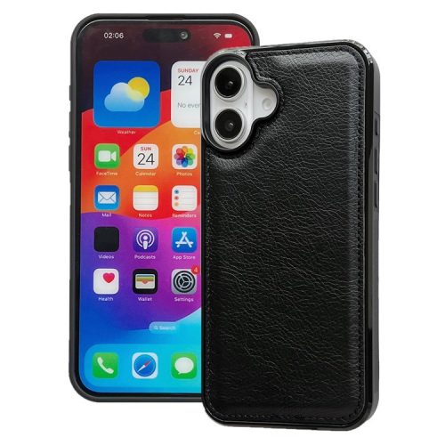 For iPhone 16 Case Calf Texture PU Leather Anti-Fingerprint Back Phone Cover - Black