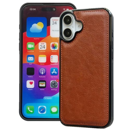 For iPhone 16 Case Calf Texture PU Leather Anti-Fingerprint Back Phone Cover - Brown