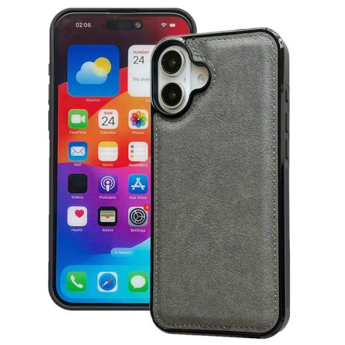 For iPhone 16 Case Calf Texture PU Leather Anti-Fingerprint Back Phone Cover - Grey