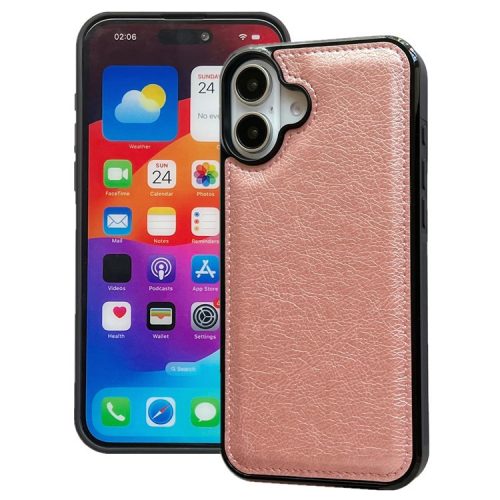 For iPhone 16 Case Calf Texture PU Leather Anti-Fingerprint Back Phone Cover - Rose Gold