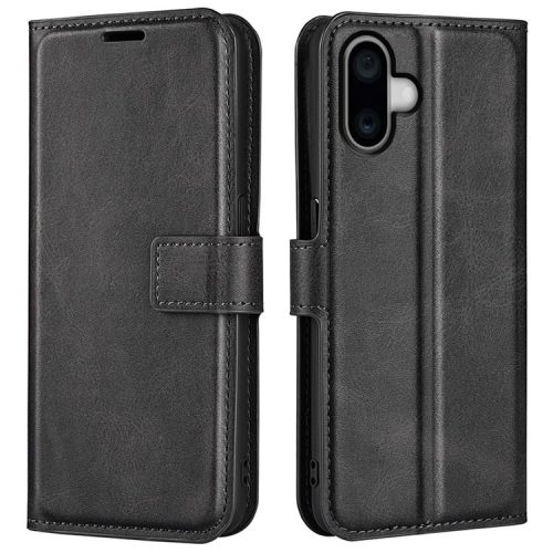 For iPhone 16 Case Calf Texture PU Leather Folio Flip Phone Wallet Cover - Black